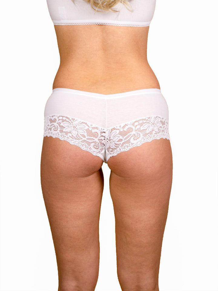 Cotton boyshort with wide lace - White